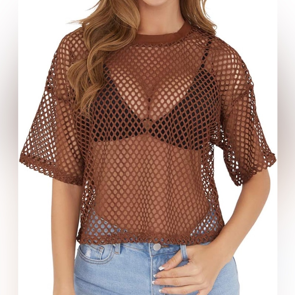 CLOZOZ Women's Mesh Cover Up See Through Fishnet T-Shirt Crop Top Large Brown